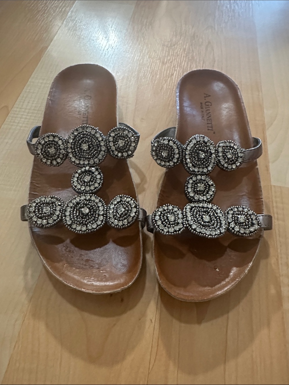 A. Giannetti Silver Beaded Double-strap Slide Sandals